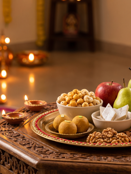 A festive Indian table decorated with diyas and rangoli, featuring a healthy spread of fresh fruits, nuts, and modest portions of sweets
