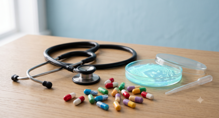 Doctor explaining proper antibiotic use to a mother and child