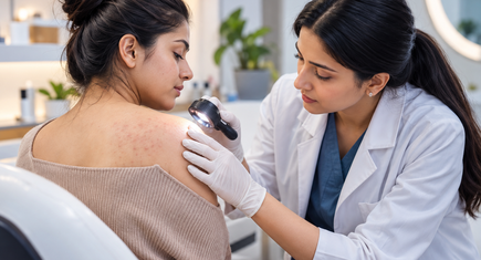Dermatologist examining a patient's skin