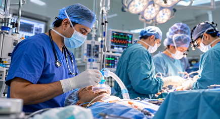 Cardiac anesthetist administering anesthesia to a patient during heart surgery in an operating room.
