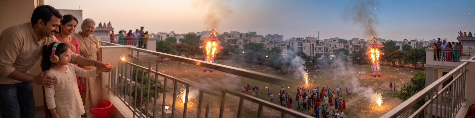 Family safely watching a Dussehra Ravana Dahan and fireworks display from a safe distance
