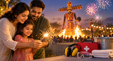 Parent covering child's ears to protect from loud firecracker noise during Dussehra