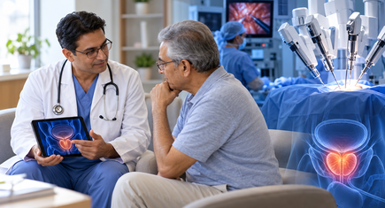 Doctor explaining robotic prostate surgery to patient