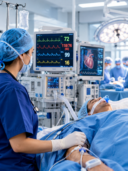 Cardiac anesthesia team monitoring a patient during heart surgery with advanced equipment in operation theater.