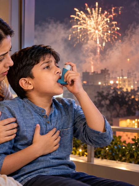 Child experiencing asthma symptoms from Diwali firecracker smoke