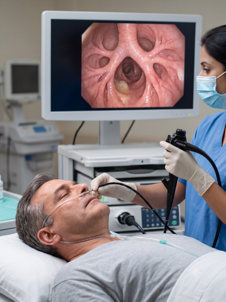 A doctor performing a flexible bronchoscopy on a patient, with the patient's airway visible on a medical monitor in a hospital room.