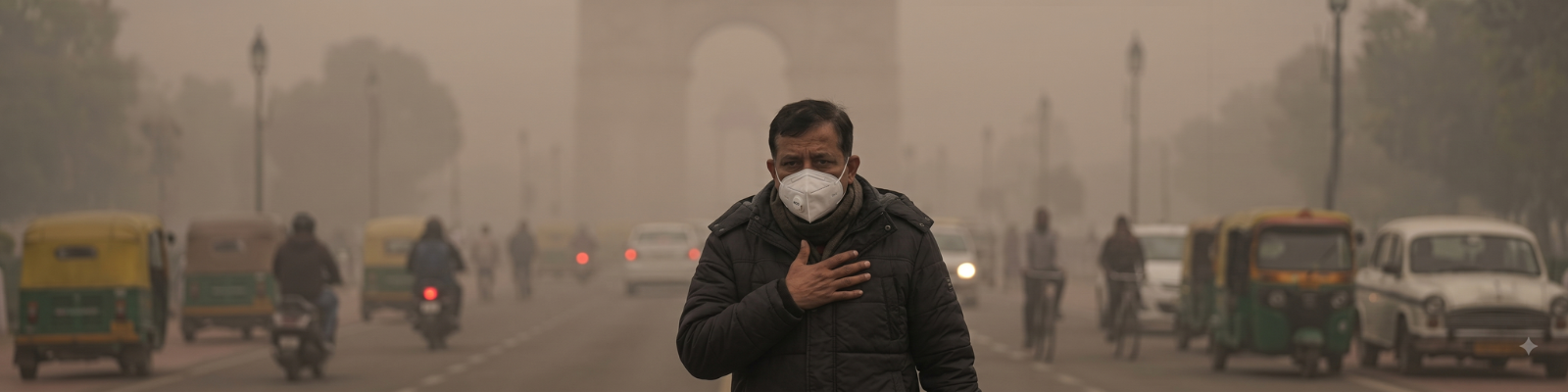 Heavy winter air pollution and smog covering Delhi NCR, highlighting the hazardous conditions that cause persistent respiratory issues and chronic cough.