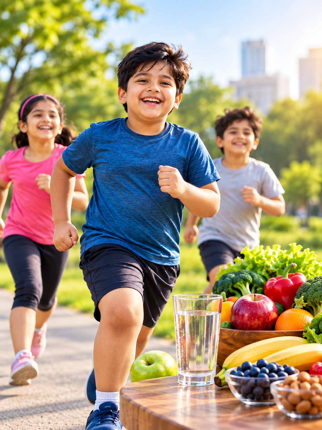 Active children enjoying exercise and healthy foods for heart health