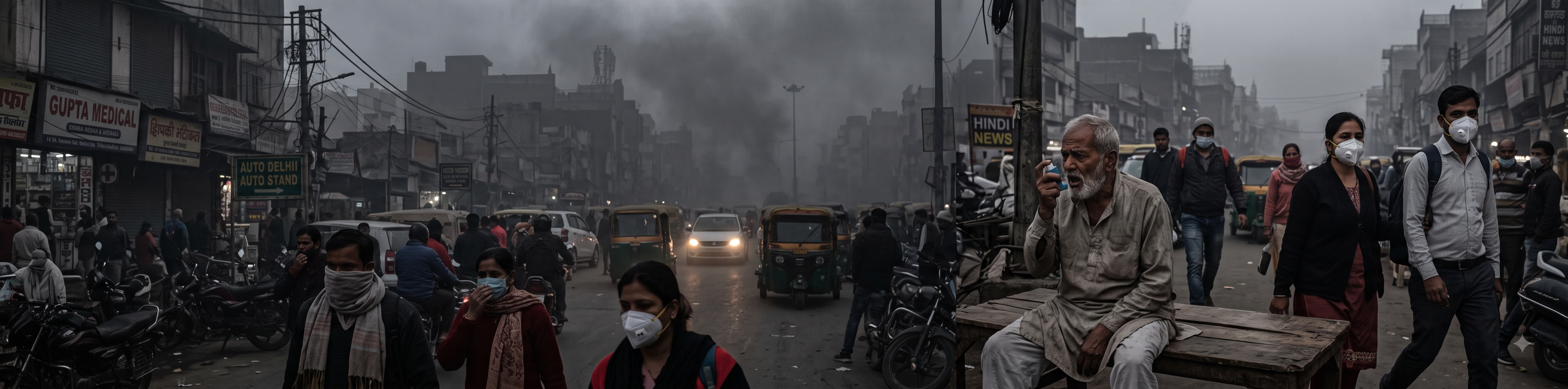 Woman wearing a mask in polluted city air with breathing difficulty