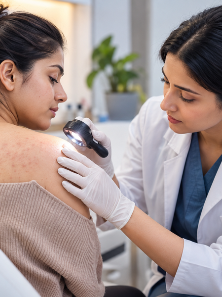 Dermatologist examining skin rash during consultation