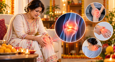 Festive season joint pain in a woman experiencing knee discomfort