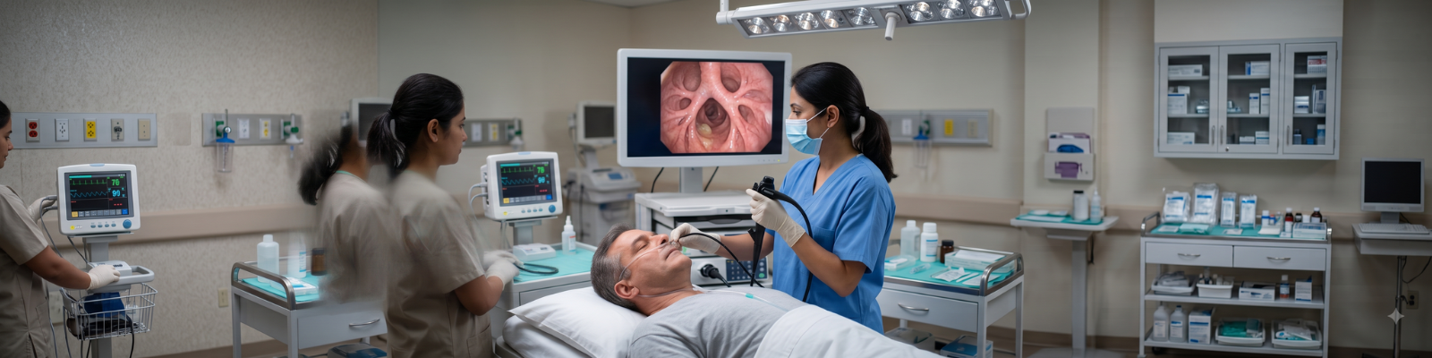 A doctor performing a flexible bronchoscopy on a patient, with the patient's airway visible on a medical monitor in a hospital room.
