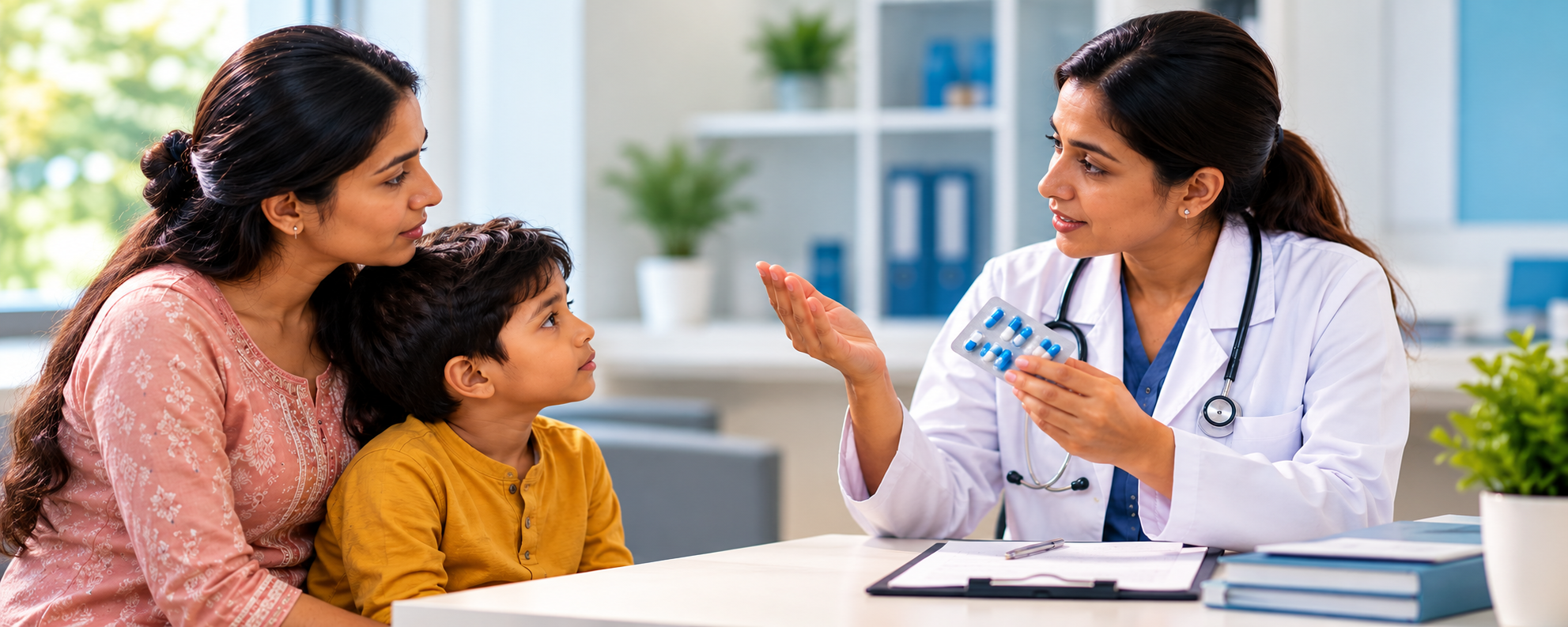 Doctor discussing antibiotics and bacterial infections with a mother and child