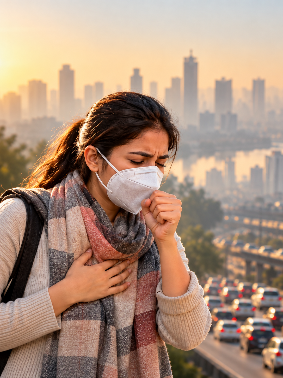 Woman wearing a mask in polluted city air with breathing difficulty