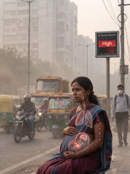 Pregnant woman protecting herself from air pollution during pregnancy
