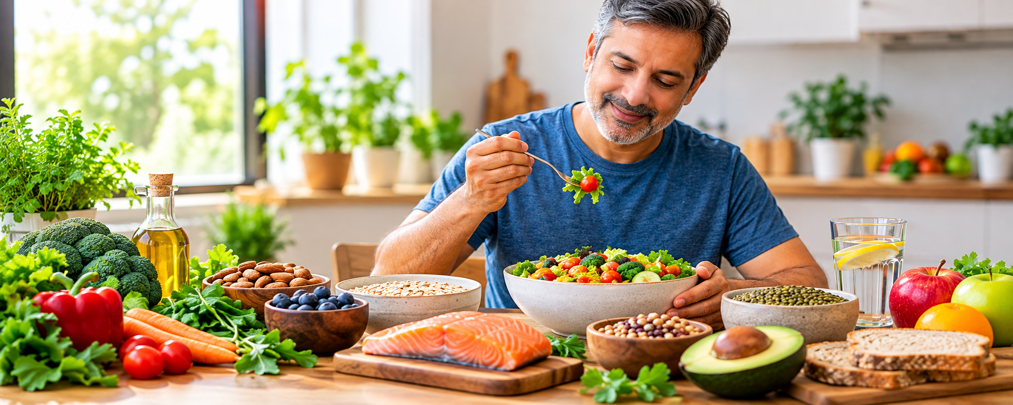 Heart patient following a healthy diet with vegetables, salmon, nuts and whole grains