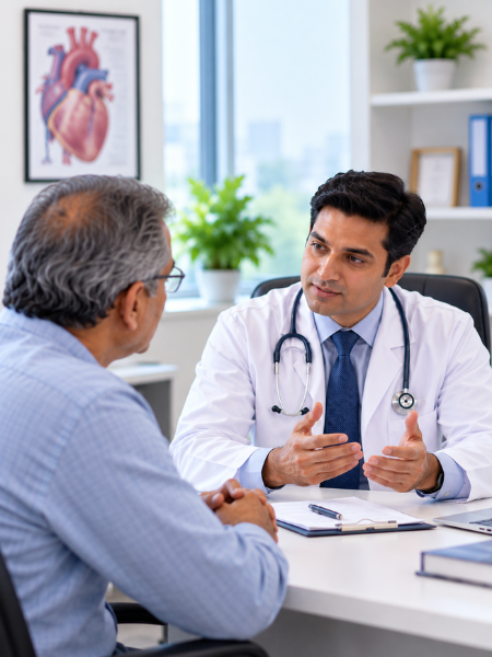 Doctor explaining CABG and angioplasty treatment options to a patient