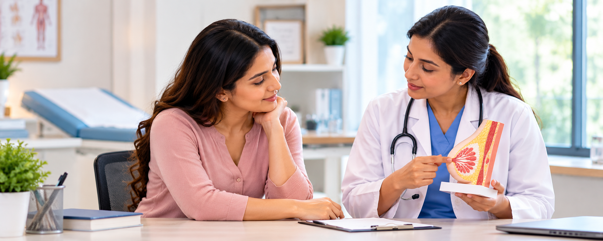 Doctor explaining breast cancer screening and mammogram benefits to a woman
