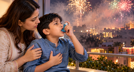 Child using inhaler during Diwali smoke