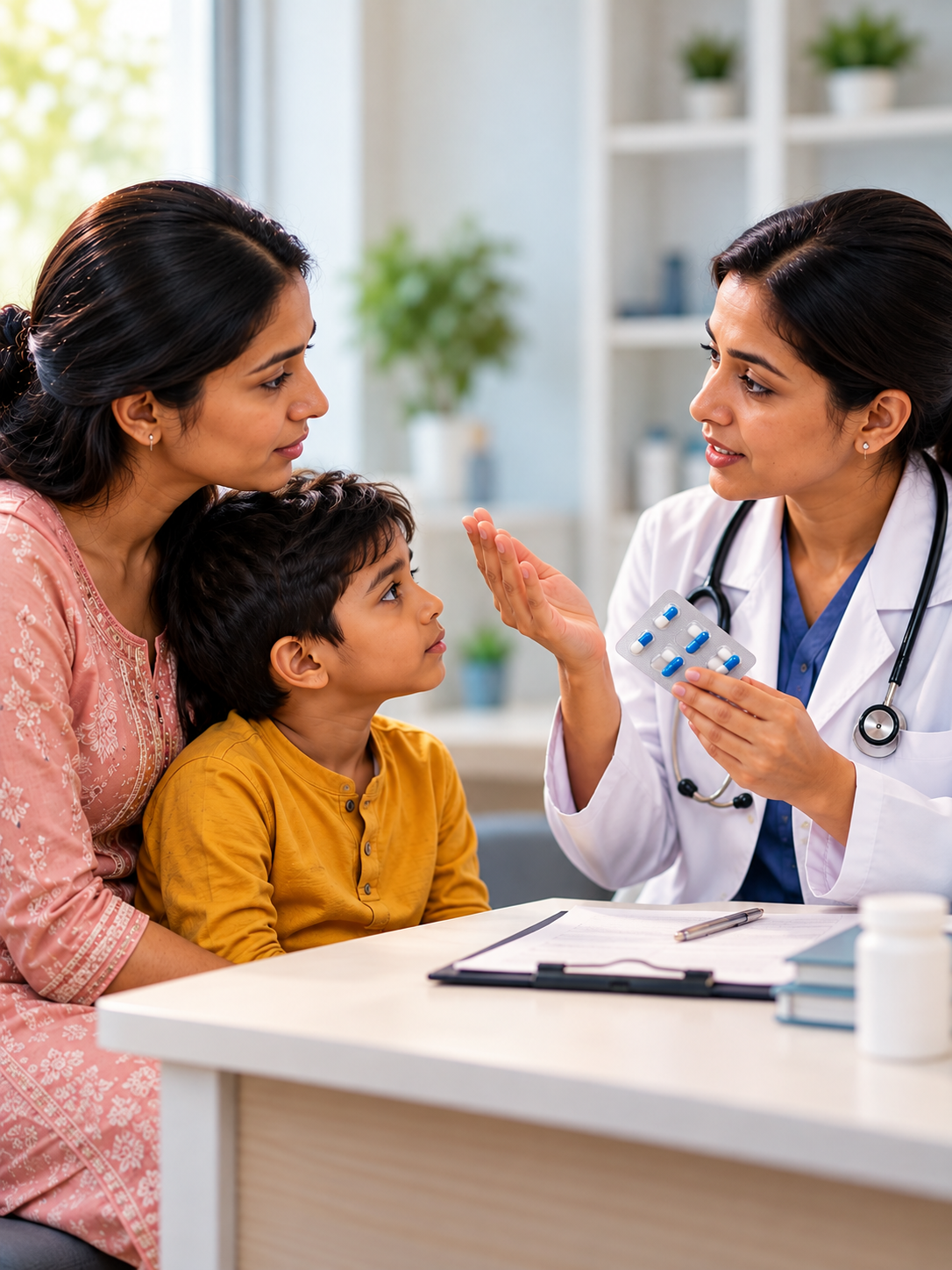 Doctor discussing antibiotics and bacterial infections with a mother and child