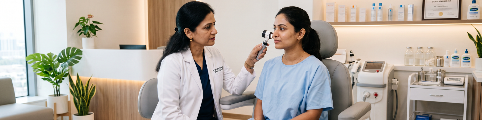 Dermatologist examining skin rash during consultation
