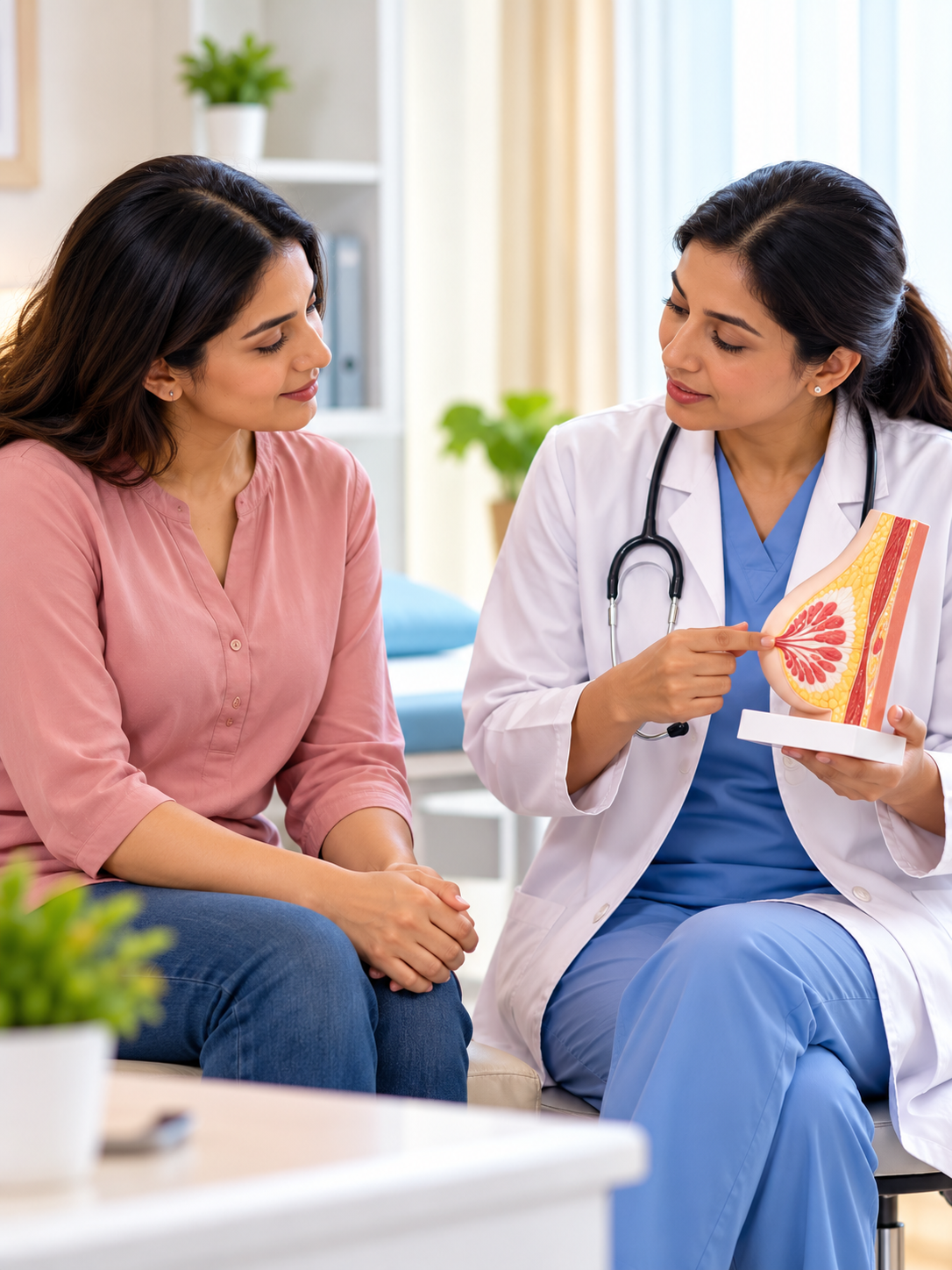 Doctor explaining breast cancer screening and mammogram benefits to a woman